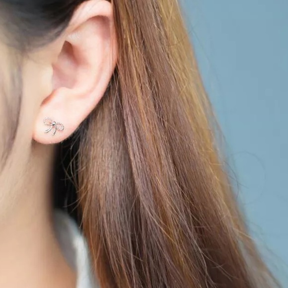 Sterling Silver 925 Bow Stud Earrings - Picture 3 of 4